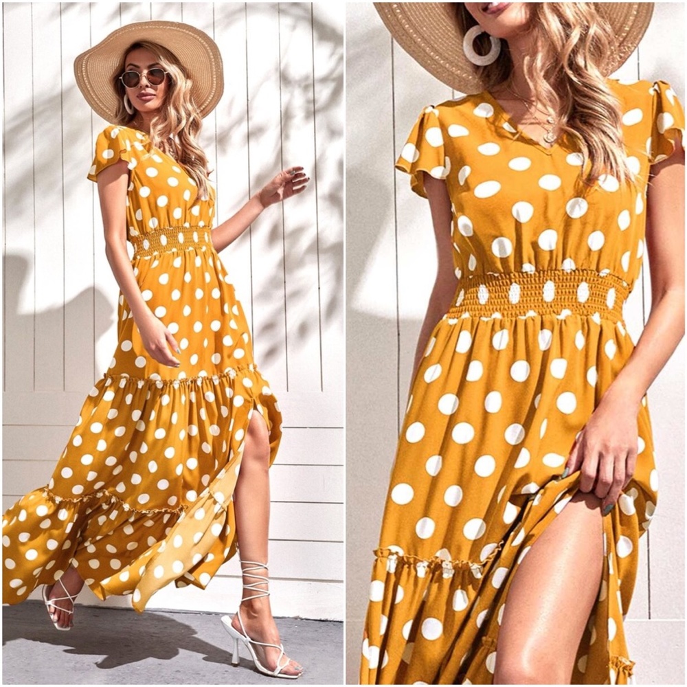 Boho Polka Dot V neck Ruffle Maxi Dress Yellow - Picture 2 of 4